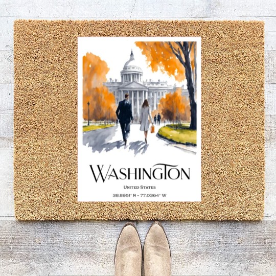Watercolor painting loving couple in Washington DC Coir Doormats