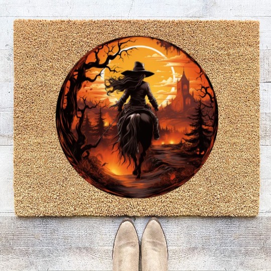 Witchy Cowgirl Riding off into the Full Moon Coir Doormats