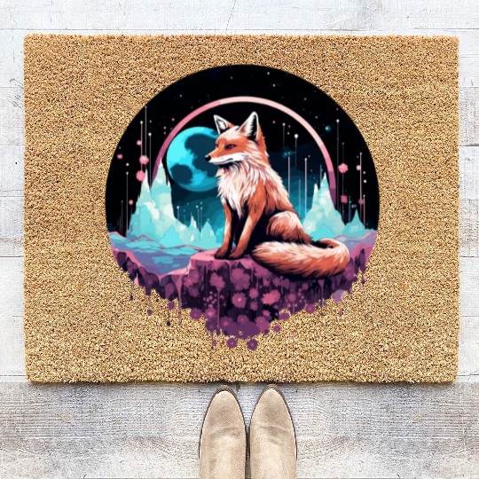 Celestial moon flower fox sitting tall Coir Doormats