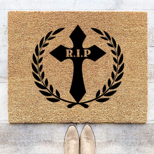Cross RIP loss loved one in laurel wreath Coir Doormats