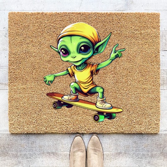 Green Alien Skateboarder: Intergalactic Moves Coir Doormats