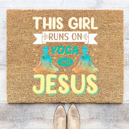 Christian Gift This Girl Runs On Yoga And Jesus Coir Doormats