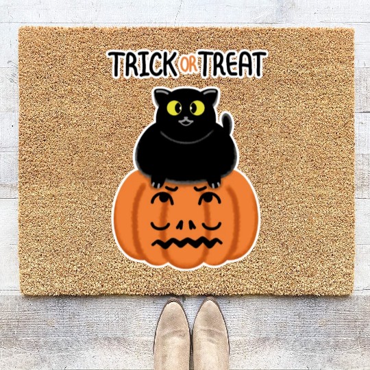 Trick or Treat Black lucky cat with sweetest eyes. Coir Doormats
