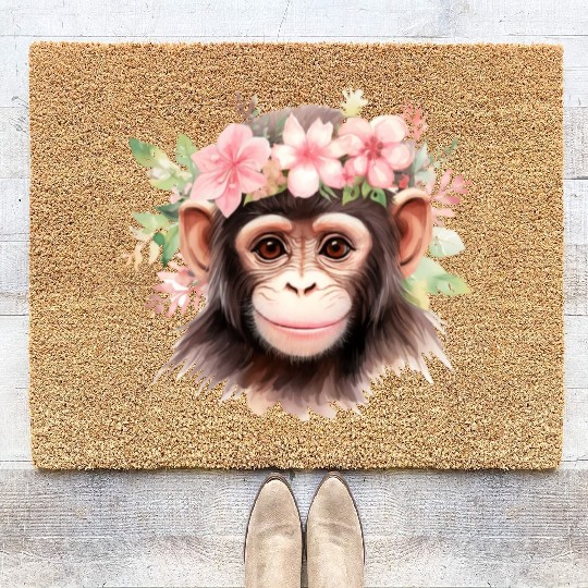 Monkey Chimpanzee Jungle Animal Boho Floral Ape Coir Doormats