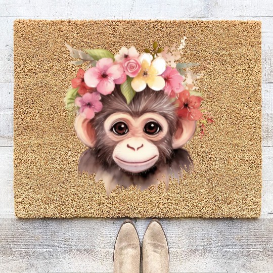 Monkey Chimpanzee Jungle Animal Boho Floral Ape Coir Doormats