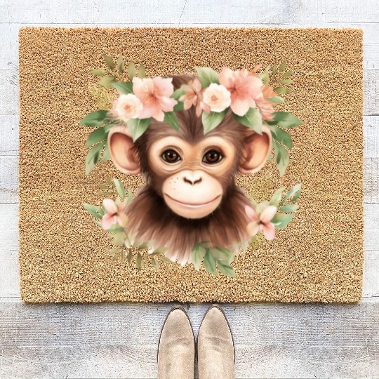 Monkey Chimpanzee Jungle Animal Boho Floral Ape Coir Doormats