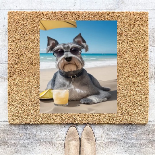 Schnauzer Chilling at Beach with a Drink Coir Doormats
