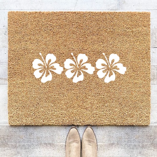 Three White Hibiscus Coir Doormats