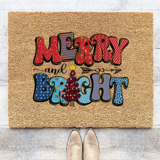 Merry and Bright Chistmas Tree Family Christmas Coir Doormats