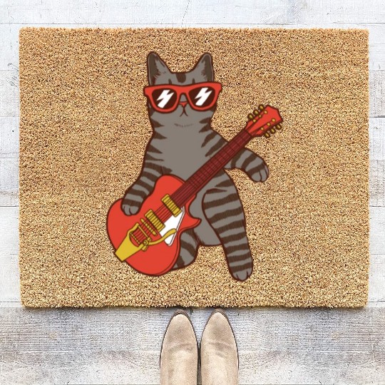 Rock Cat Playing Guitar - Funny Guitar Cat Coir Doormats