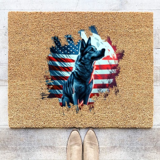 America dog under Moon with American Flag Coir Doormats