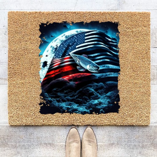 America fish under Moon with American Flag Coir Doormats