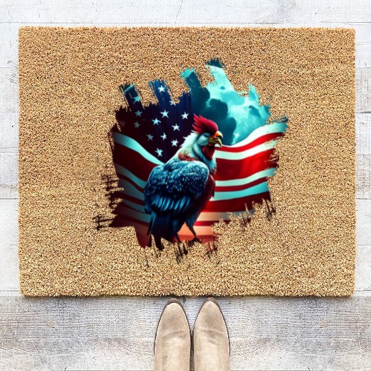 America chicken under Moon with American Flag Coir Doormats