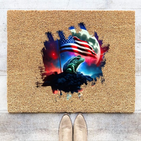 America frog under Moon with American Flag Coir Doormats