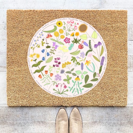 Colorful Wildflower Circle on Pink Coir Doormats