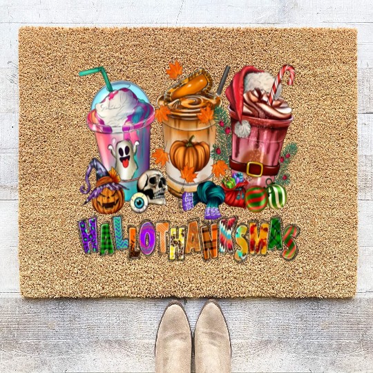 Happy Hallothanksmas Coffee Latte Halloween Coir Doormats