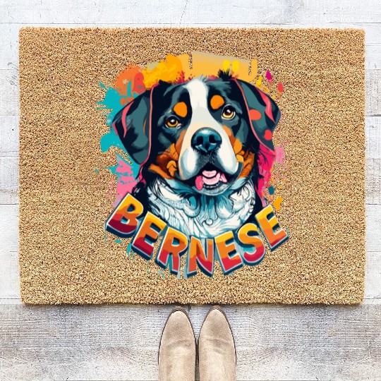 Bernese Mountain Dog Head Vibrant Color Splash Coir Doormats