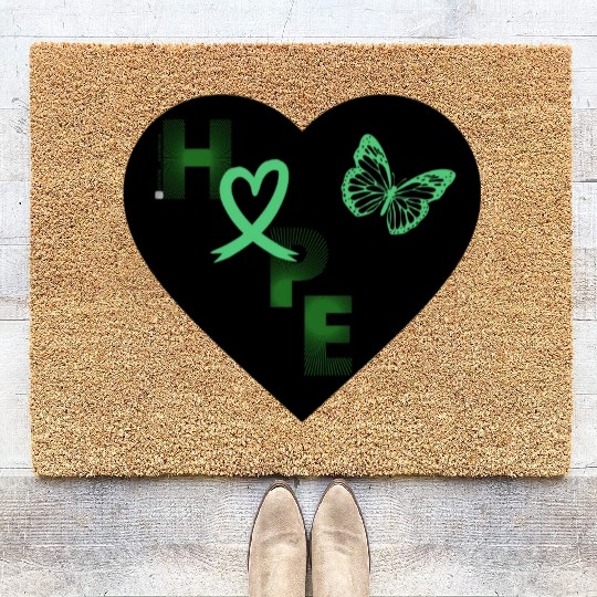Liver Cancer Hope & Butterfly Heart Black/Green Coir Doormats