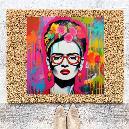 Frida Kahlo style urban art colorfull graffiti Coir Doormats