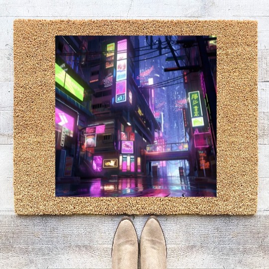 Anime-Influenced Digital Art of Tokyo Street Scene Coir Doormats