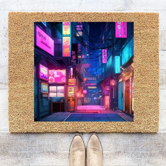 Anime-Inspired Tokyo Street Digital Art - Vibrant Coir Doormats