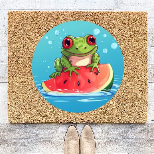 Frog on watermelon in the sea Coir Doormats