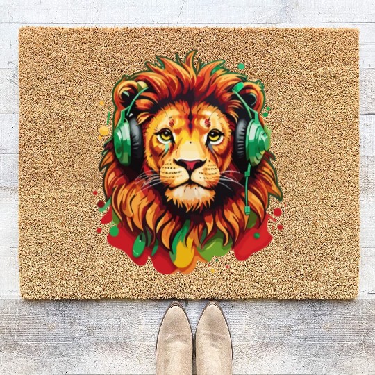 Reggae Lion with Headphones Coir Doormats
