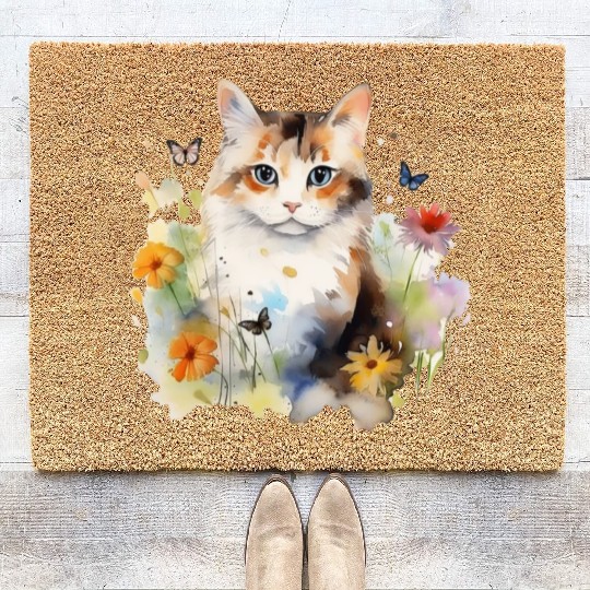 Watercolor Cat Flowers & Butterflies Coir Doormats