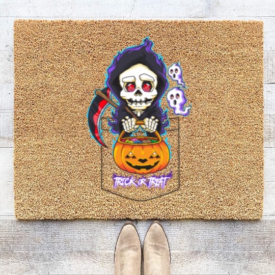 Halloween Pocket Chibi Grim Reaper Trick or Treat Coir Doormats