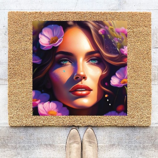beautiful female with pink flowers Coir Doormats