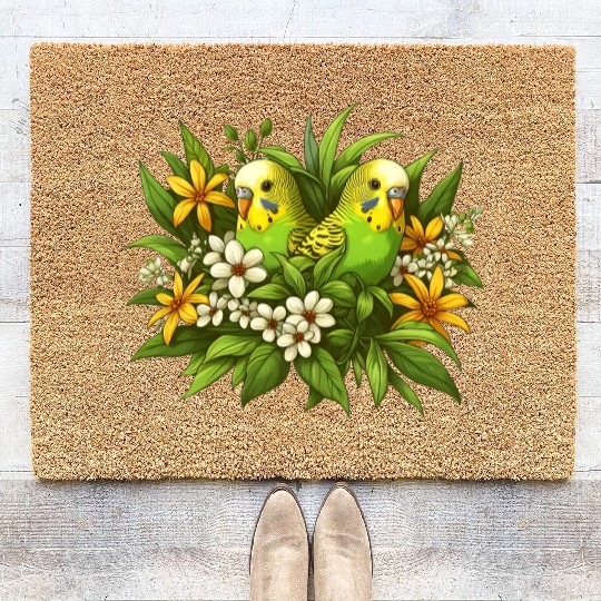 Wild budgies in flowers Coir Doormats