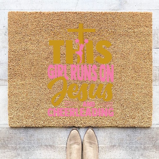This Girl Runs On Jesus And Cheerleading Cheerlead Coir Doormats