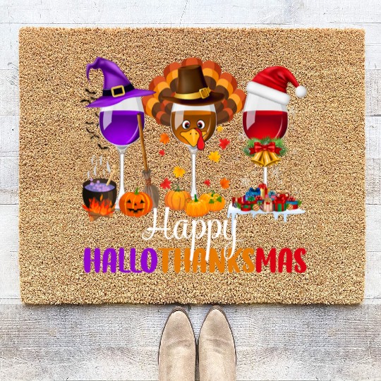 Happy Hallothanksmas Wine Glasses Drinking Lover Coir Doormats