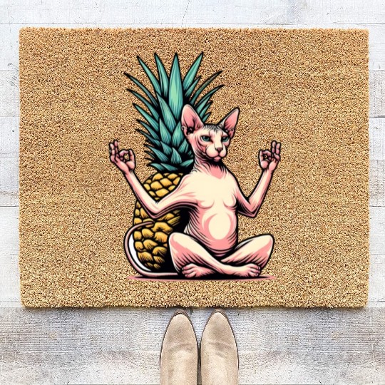Meditating Sphynx cat with pineapple Coir Doormats