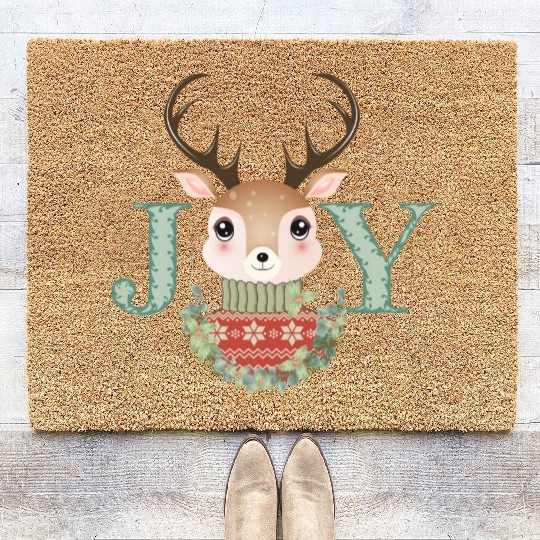 cute deer with sweater and Christmas wreath Coir Doormats