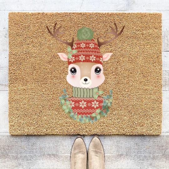 cute deer with sweater and Christmas wreath Coir Doormats