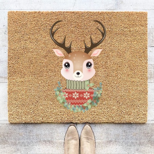cute deer with sweater and Christmas wreath Coir Doormats
