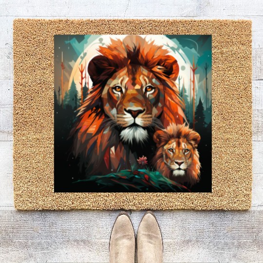 Geometric Lion Mother and Lion Cub in the Forest Coir Doormats