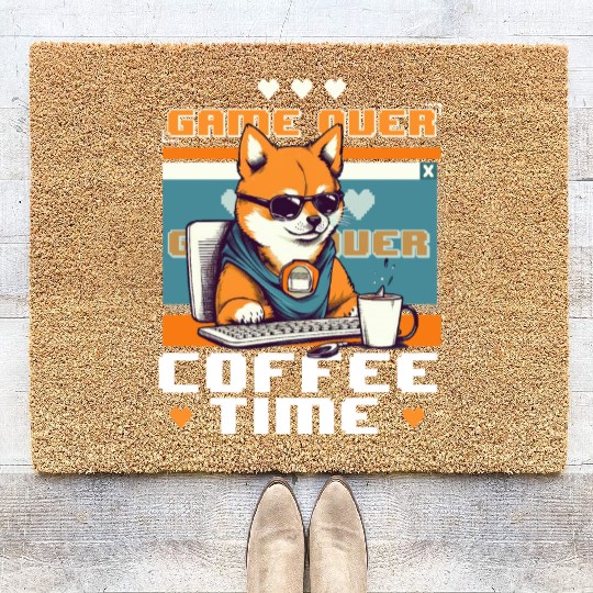 Game Over Coffee Time Funny Gamer Shiba Inu Gaming Coir Doormats