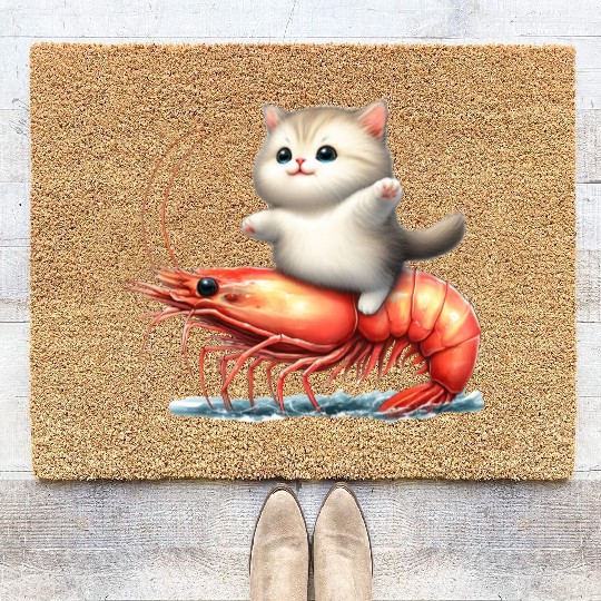 Cat rides on shrimp Coir Doormats
