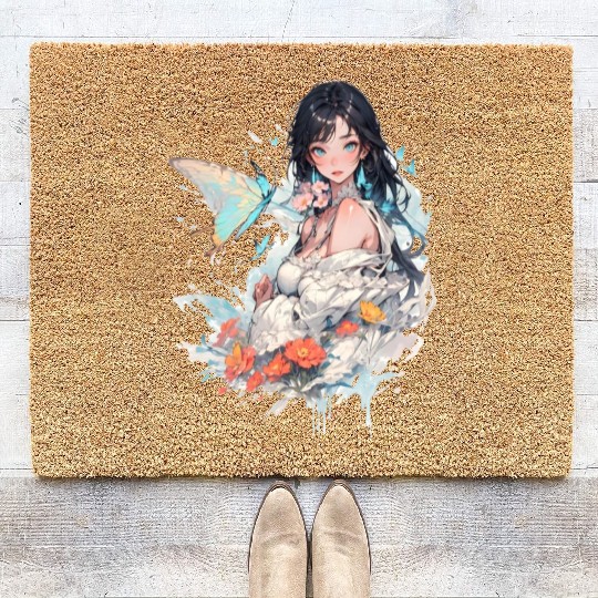 beautiful lady and butterfly Coir Doormats