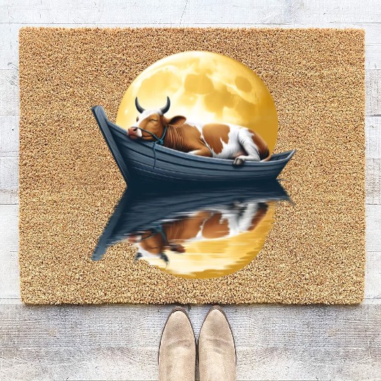 Sleeping cow in boat under the moon Coir Doormats