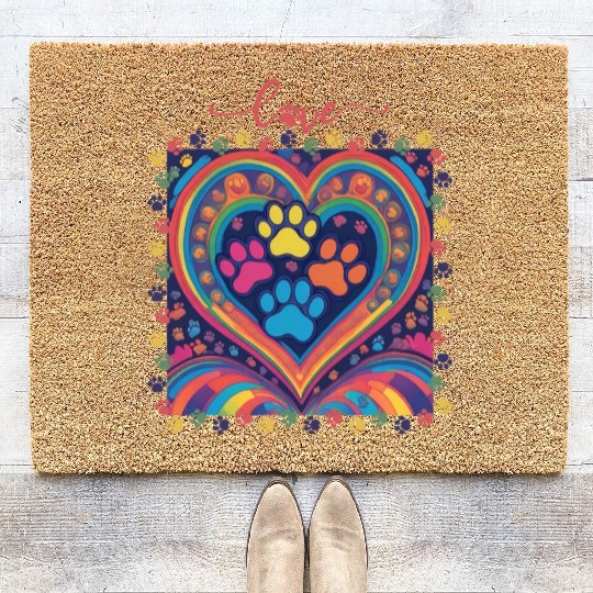 Rainbow Heart Love paw prints Coir Doormats