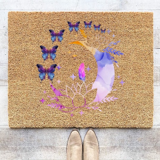 Celestial Serenity Moon, Lotus, Feather, butterfly Coir Doormats