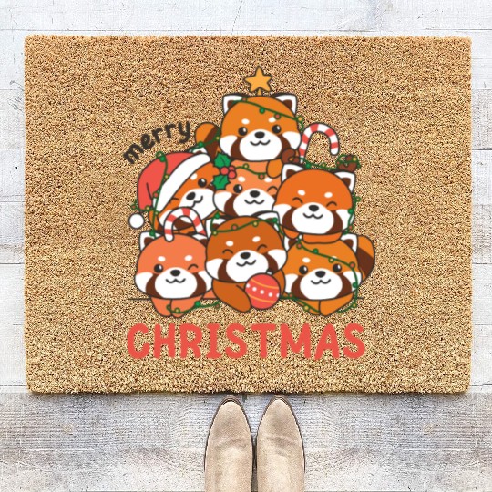 Red Panda Christmas Tree Merry Christmas Coir Doormats