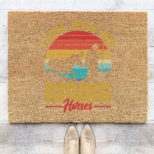I Love Jesus And Riding Horses Riding Woman Horseb Coir Doormats