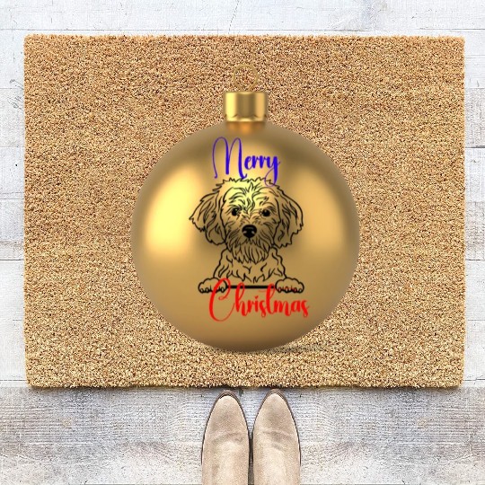Merry Dog Christmas on a gold ornament. Coir Doormats