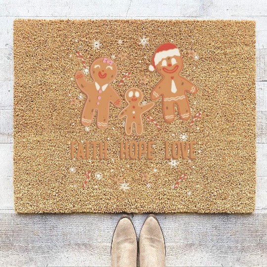 Gingerbread Man Faith Hope Love Religious Coir Doormats