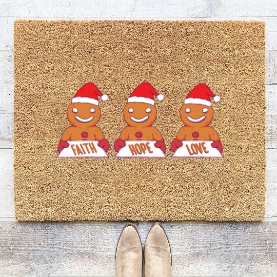Gingerbread Man Faith Hope Love Religious Coir Doormats