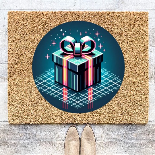 Cyberpunk Pixel Art Gift Box - Neon Ribbons Coir Doormats